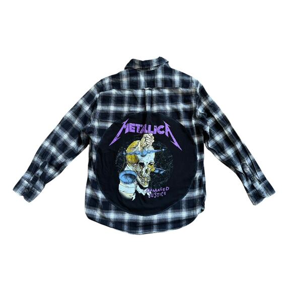 METALLICA Damaged Justice 90s Upcycled Retro Vintage Plaid Flannel Shirt Men’s L - Picture 6 of 9